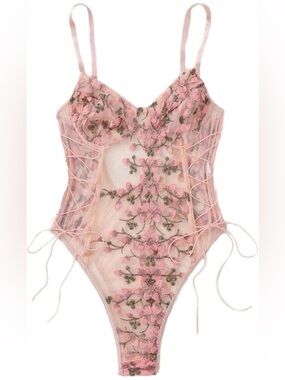 Sheer Pink Floral Embroidered Lace Bodysuit Chemise